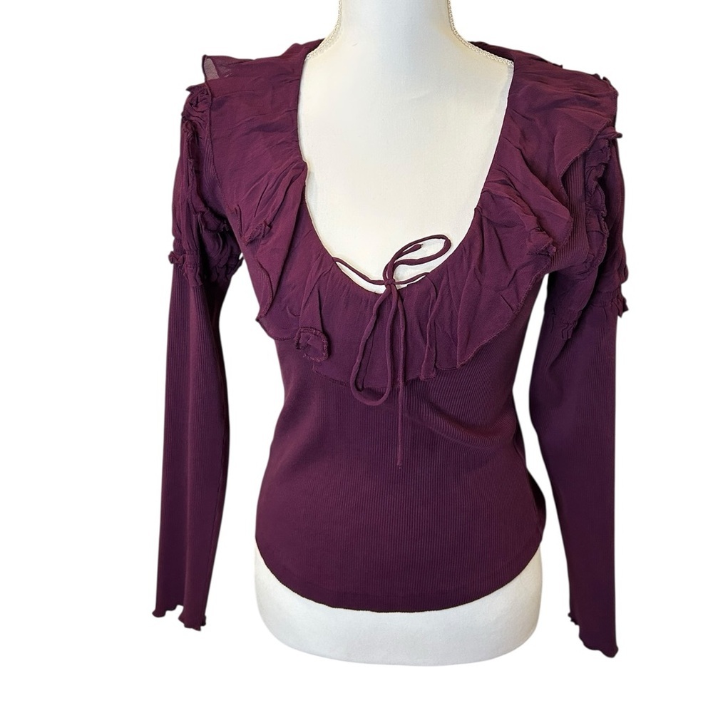 Anthropologie Y2k Deep Purple Ruffled Blouse Small Fitted Long Sleep Tie